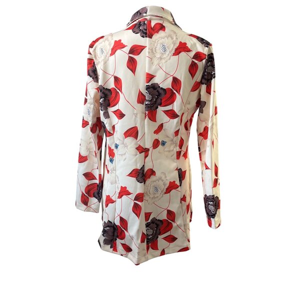 Floral Print Womens Blazer Open Front Jacket Small Lightweight Red Cream & Black - Picture 3 of 13